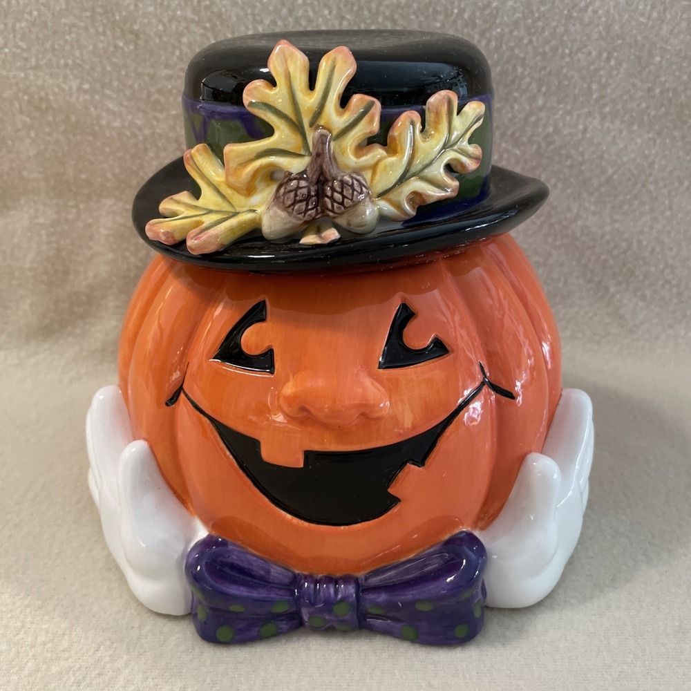 Vintage Fitz and Floyd Derby Pumpkin Halloween Fall Candy Cookie Jar 7" with Box